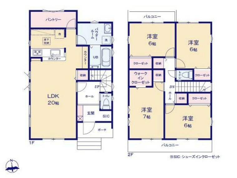 間取り図 ご家族の会話がはずむ開放的な20帖のLDK。WIC・SIC・パントリーなど収納豊富なお住まい。2部屋から出入りできる日当りのよいバルコニー。