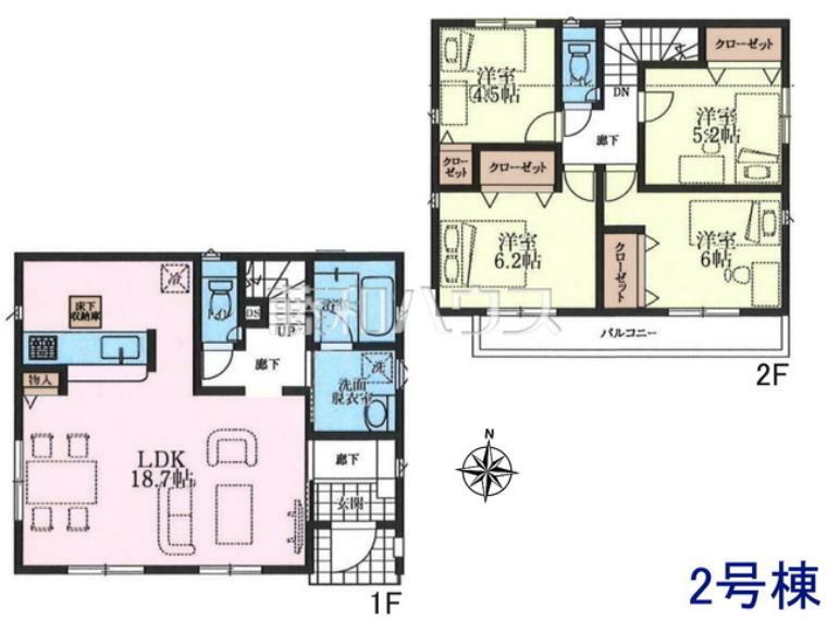 間取り図 2号棟　間取図　各居室にはクローゼットを完備し、家具を置くスペースが確保しやすい設計がされております。【日野市新町4丁目】
