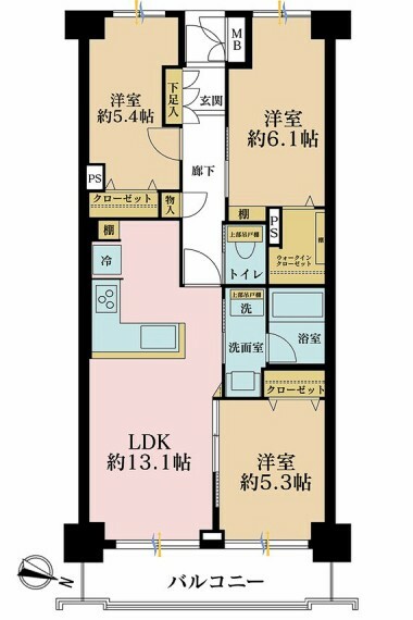 間取り図 3LDK、専有面積66.03m2、バルコニー面積7.66m2