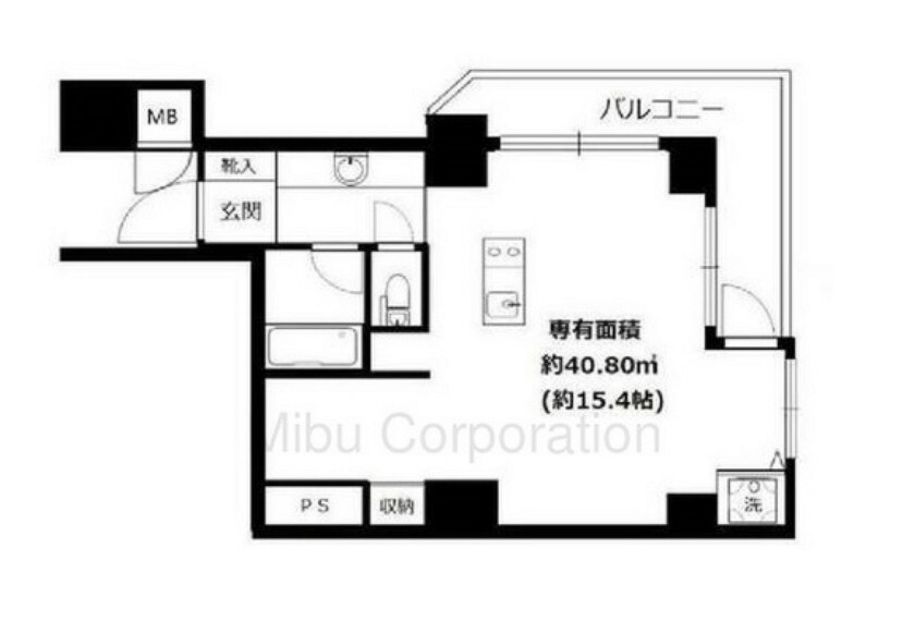 間取り図 約15.4帖のワンルーム