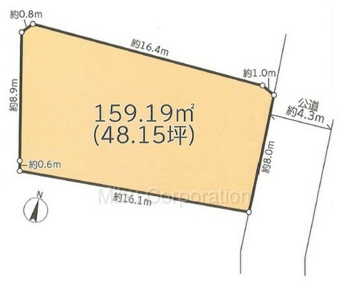 区画図 159.19平米（48.15坪）、間口8m、接道は公道4.3mです。