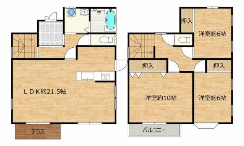 間取り図 【リフォーム済】間取り図です。2階3部屋あり、各居室に収納があるためお部屋をすっきりと使うことができます。小上がりのあったLDKを1部屋として使い勝手の良いスペースに仕上げました。大きなソファアがあっても置くことができます。