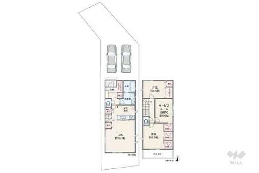 間取り図 間取りは延床面積98.63平米の2SLDK。リビング階段のプラン。