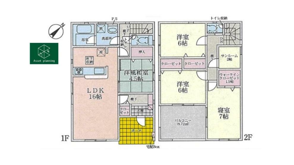 2号棟の間取図です。<BR/>広々とした16帖のLDKに繋がる4.5帖の収納付き洋風和室を合せて使うことで更にゆとりを持った家族時間を過ごせる4LDK＋サンルームの間取りです。