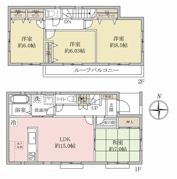 間取り図 2016年1月築　前面6m公道　全室6帖以上、南向きの各部屋に収納がある4LDK　2台分のカースペースは自転車置き場、来客用としても重宝します。