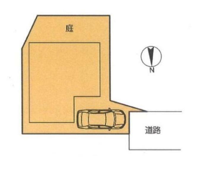 区画図 土地約30坪。カースペース有（車種による）南側にお庭もあるので、ガーデニングなども楽しめそう。