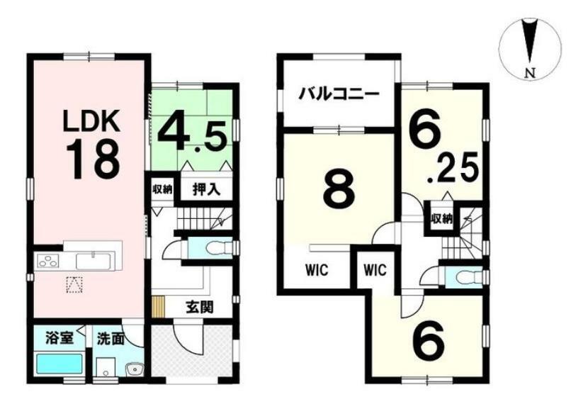 間取り図 各居室に収納スペースを確保。18帖の大きなLDKでおくつろぎ下さい。