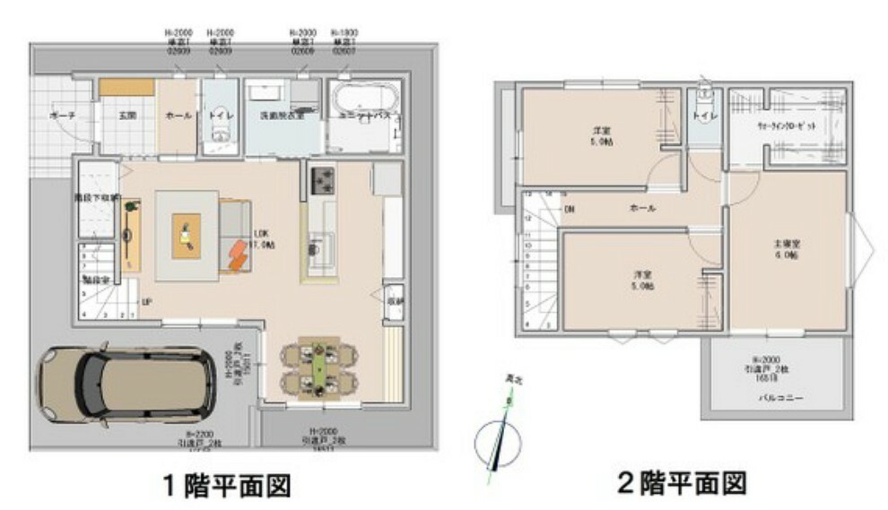 間取り図・図面 完成予想図【北辰工務店・参考プラン】・建物価格1793万円（税込）・延床面積84.45平米（25.54坪）*1階44.71平米（13.52坪）、2階39.74平米（12.02坪）