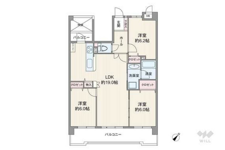 間取り図 間取りは専有面積77.63平米の3LDK。LDK約19.0帖のプラン。バルコニー面積は14.16平米です。