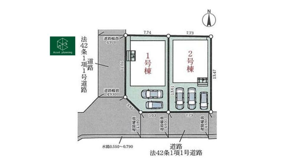 区画図 区画の全体図です。 前面道路は4.6～4.9m 1号棟は2台・2号棟は3台分の駐車スペースがございます。