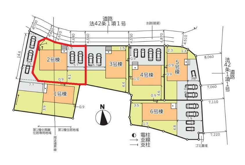 区画図 【2号棟区画図】土地面積189.86平米（57.43坪）・駐車2台可能（車種によります）・ゴミ置き場持分約2.92平米×1/6あり