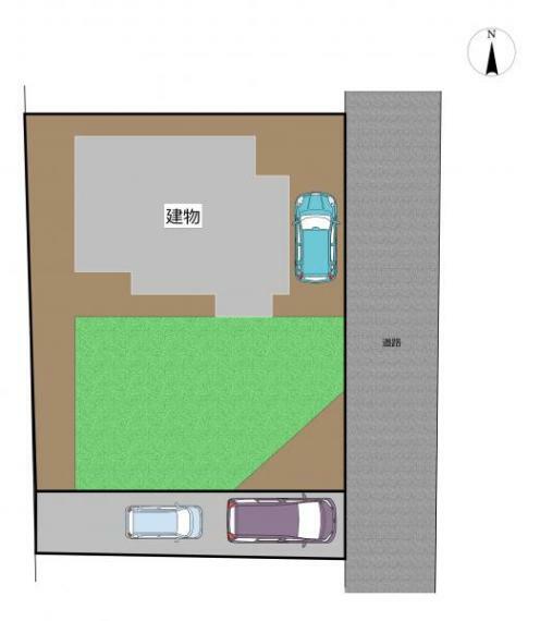 区画図 【敷地配置図】東側に幅員約4.7mの公道に接しております。駐車スペースは現状3台あります。ご自身で拡張されたら使い勝手が変わりますね。