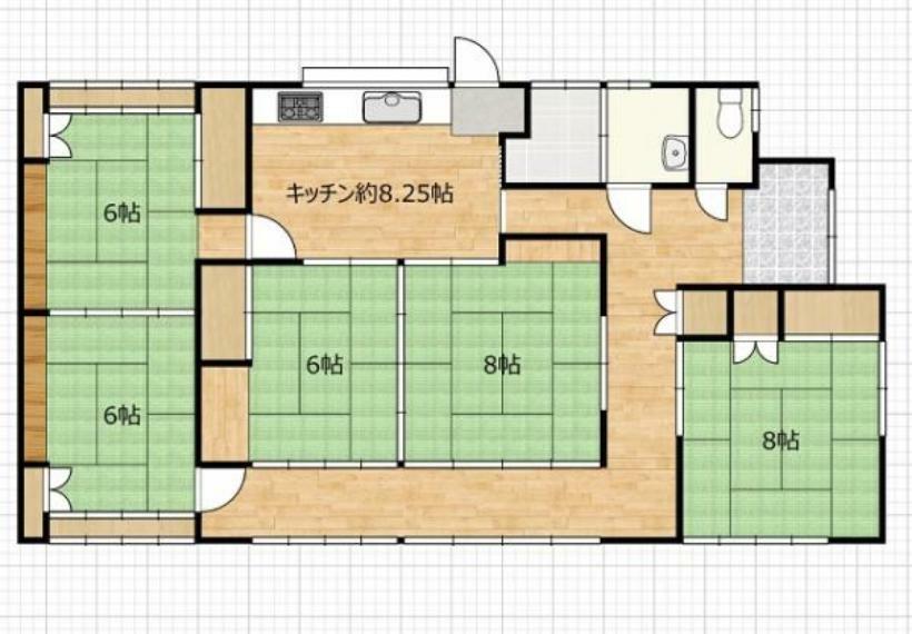 【リフォーム前間取り図】現在は和室中心の間取りで、キッチン部分も独立しておりますが、今回のリフォームでリビングと洋室を造り出します。