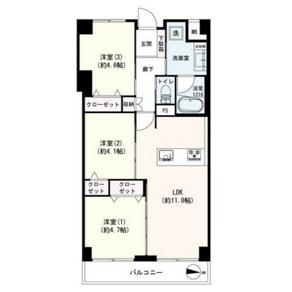 間取図3LDK、専有面積59.70m2、バルコニー面積6.33m2