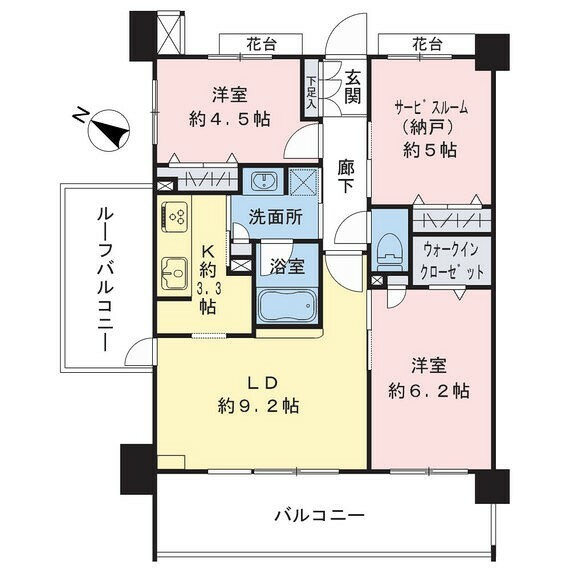 住戸のプライバシーも守られやすい角住戸2SLDK。WICやリネン庫など豊富な収納が魅力です。