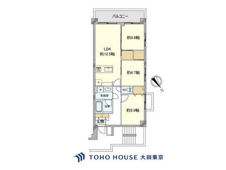 間取り図 3LDK、専有面積64.98m2、バルコニー面積8.69m2