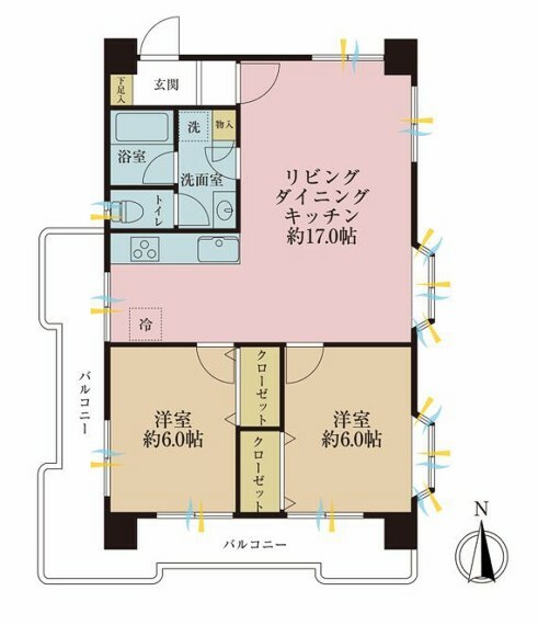 間取り図 2LDK、専有面積59.85平米、バルコニー面積14.06平米