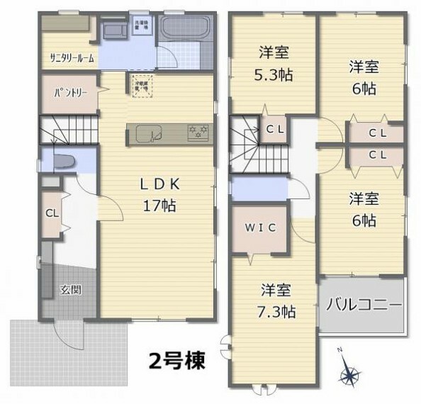 間取り図 （2号棟間取）室内干し・アイロンかけん場所にも便利なサニタリールーム。1階廊下の収納にはコート掛けも付いています。