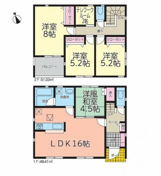 間取り図 2号棟　2帖のテレワークルーム付き！収納として、趣味の部屋としても利用可能です。