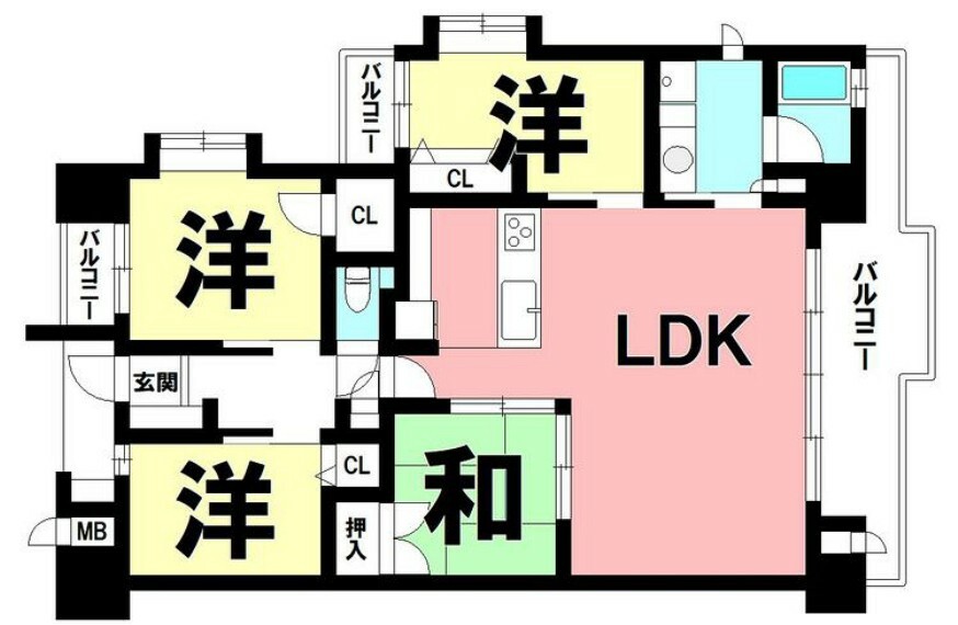 間取り図 4LDK、東向きバルコニー、最上階【専有面積89.97m2】