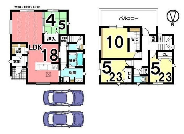間取り図 1階は和室を合わせて22.5帖の大きな空間。収納スペースを豊富に確保しております。