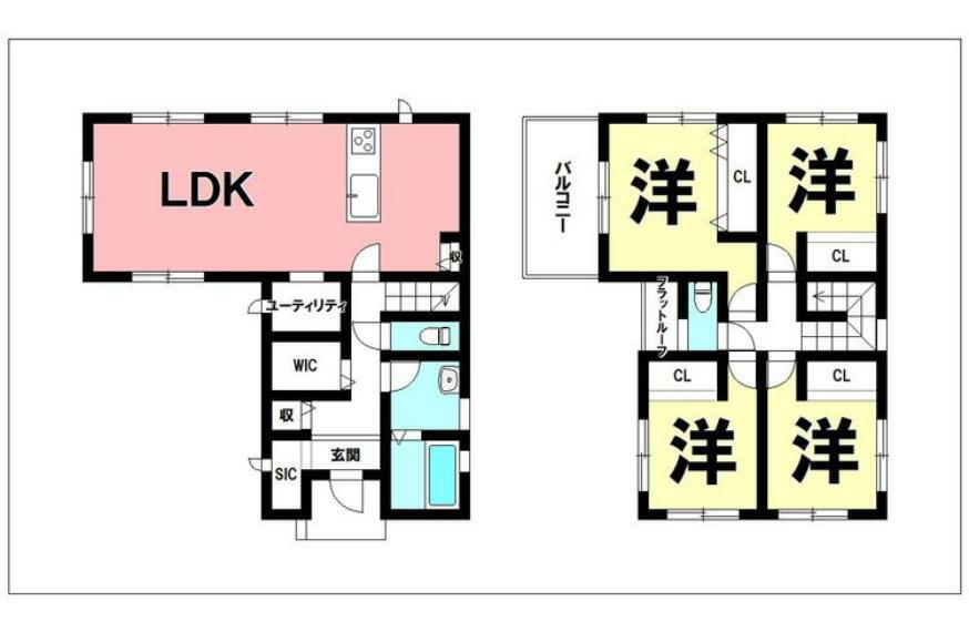 間取り図 4LDK＋WIC、シューズクローク、ユーティリティ【建物面積104.62m2（31.64坪）】