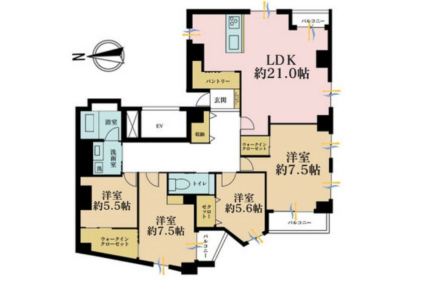 間取り図 4LDK、専有面積124.99m2