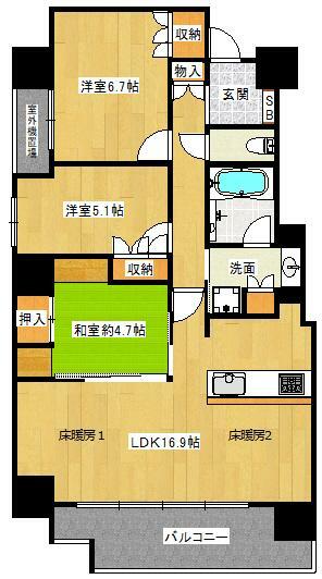 間取り図 3LDK　専有面積76.63平米　バルコニー面積11.13平米