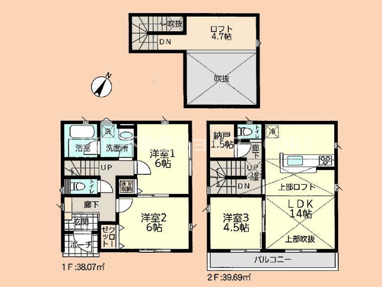 間取り図 リビングは上部は吹抜け・嬉しいロフトスペースになっているので開放的です！