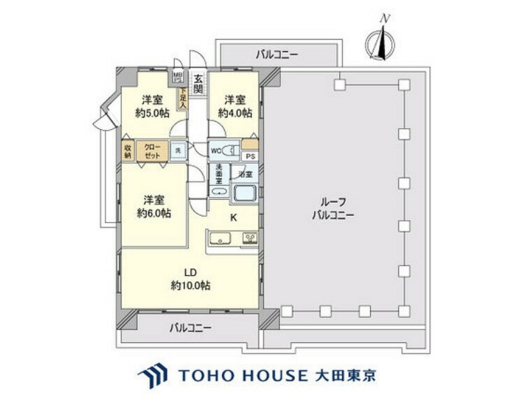 間取り図 3LDK、専有面積55.68m2、バルコニー面積15.84m2、ルーフバルコニー面積49.5m2