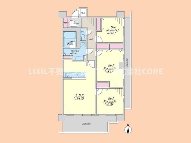 間取り図 東南角部屋で日当たり良好！全居室バルコニーに面し開放的です！