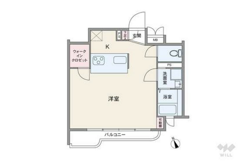 間取り図 間取りは専有面積34.81平米の1R。玄関を入るとすぐに居室が広がるプラン。連窓サッシで開放的な造りです。浴室に換気の良い窓付き。収納に便利なウォークインクロゼットが設置されています。