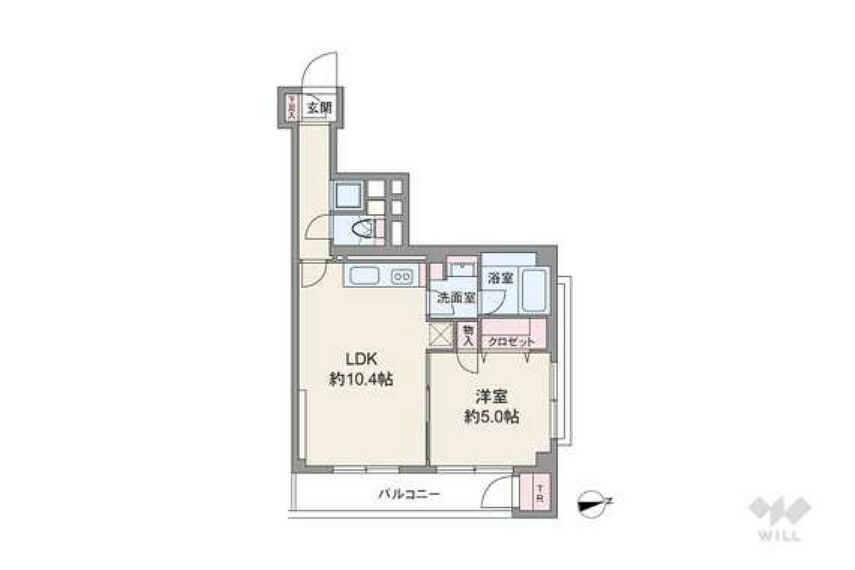 間取り図 間取りは専有面積41.82平米の1LDK。LDKと洋室がバルコニーに面したプラン。全窓が共用廊下に面さずプライバシーに配慮されています。洋室は2面採光でクロゼット付き。バルコニー面積は5.36平米で、トランクルームが設けられています。