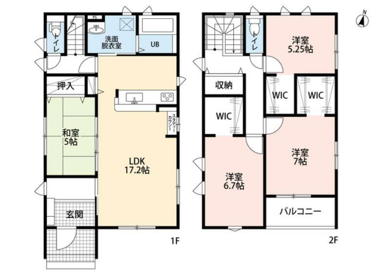 間取り図 LDKに和室が隣接した使い勝手の良い1階。2階はプライベートルームと各室にウォークインクローゼット付き＾＾南向きのバルコニーです。