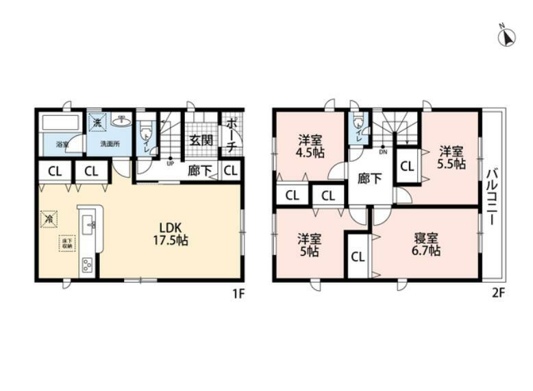 間取り図 1階は約17帖のLDK。 2階は3洋室、全室ゆったり6帖以上、主寝室には2.2帖のWIC付き＾＾