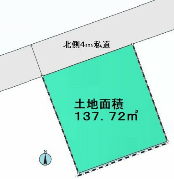 区画図 ■土地面積:137.72平米（41.66坪）の建築条件なし売地  ■前面道路は北側4m私道、間口11.41mの整形地