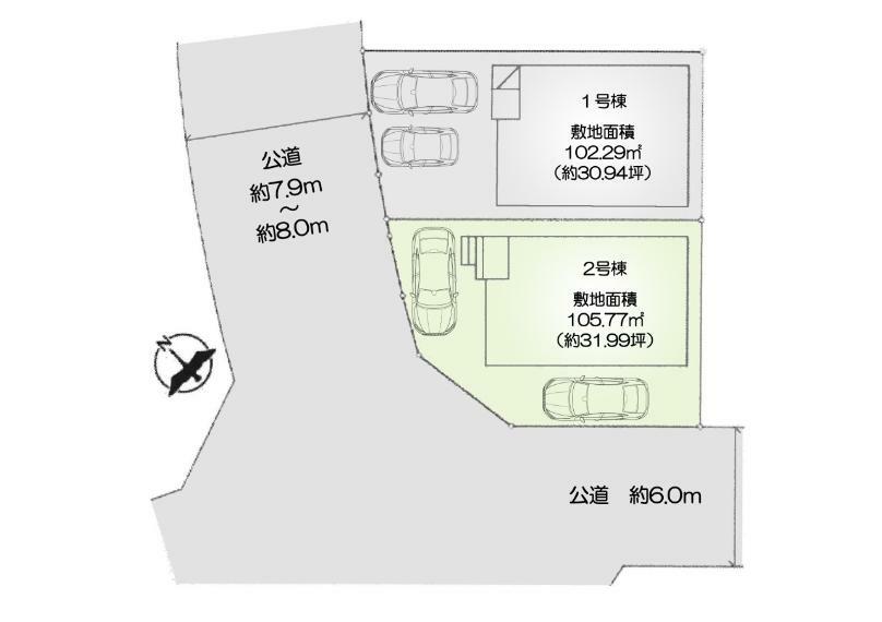 区画図 2号棟:カースペース2台駐車可能！
