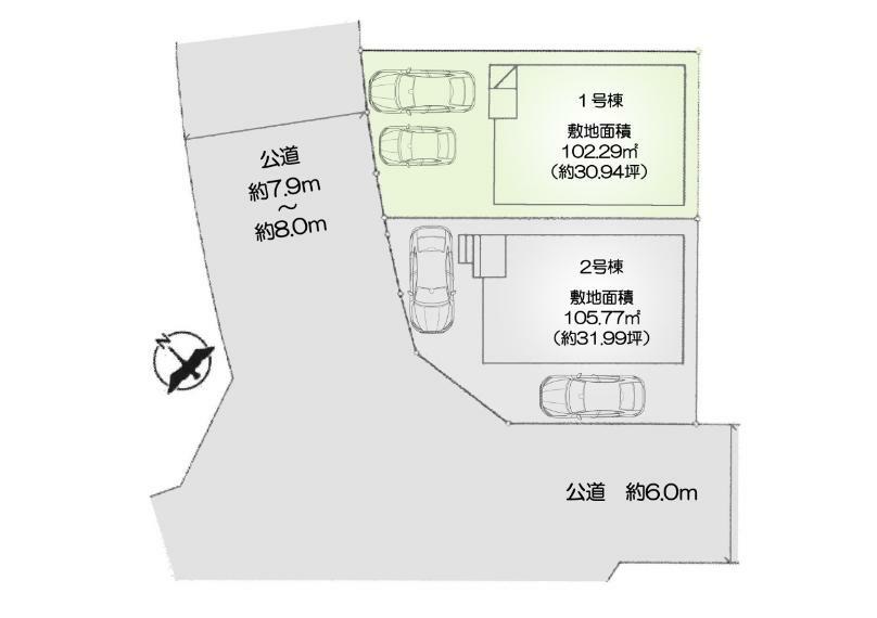 区画図 1号棟:カースペース並列で2台駐車可能！（車種による）