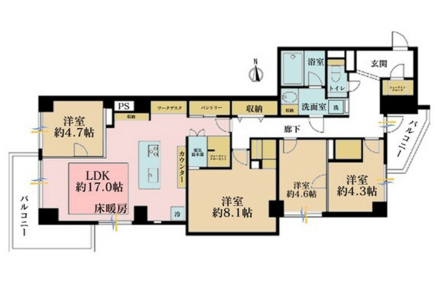 間取り図 4LDK、専有面積105.45m2、バルコニー面積13.52m2