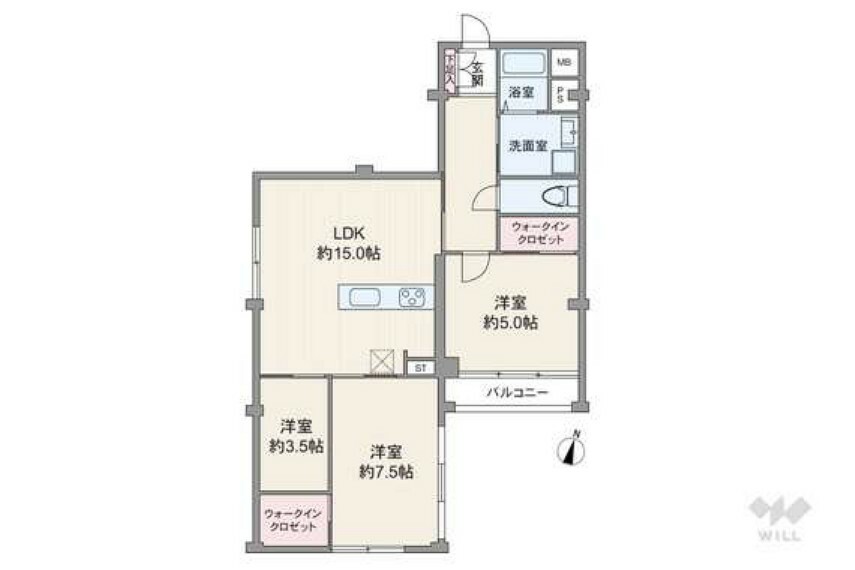 間取り図 間取りは専有面積77.21平米の3LDK。全居室洋室仕様のプラン。個室3部屋中2部屋はLDKから出入りする造りになっています。主寝室（洋室約7.5帖）は二面採光でウォークインクロゼット付き。