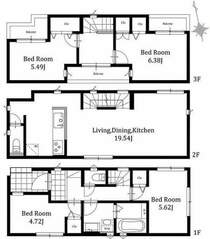 1号棟: 19畳超の広々としたLDKは家具や家電を配置してもゆったりとした広さの住空間LDKと居室の階層を分けることでプライバシーにも配慮した設計の新邸です