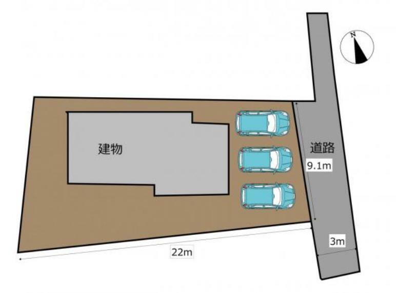 区画図 【区画図】駐車場は3台駐車可能です。間口が約9mあり、塀がない為、駐車のしやすくなっております。