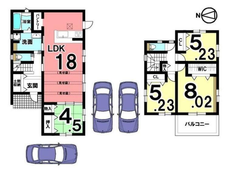 間取り図 1階は和室を合わせて22.5帖。ご家族皆様でくつろげる空間です。キッチンにはパントリーを設置しております。
