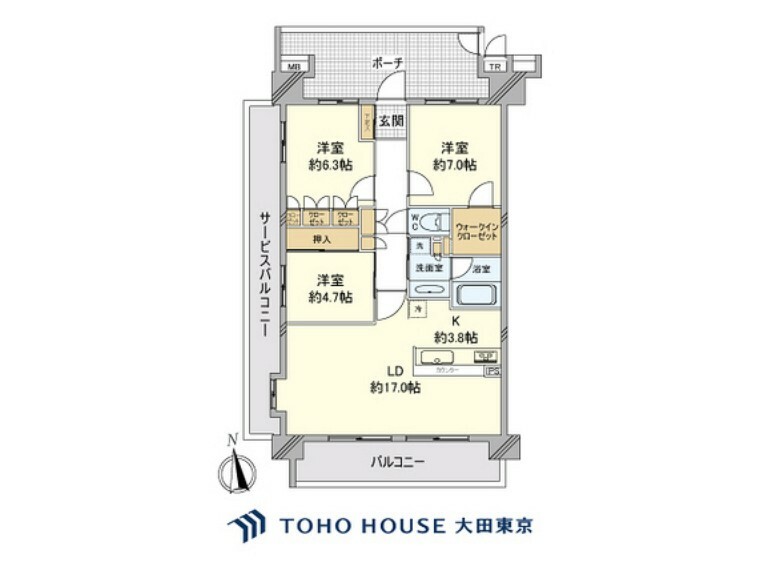 3LDK、専有面積86.1m2、バルコニー面積13.2m2