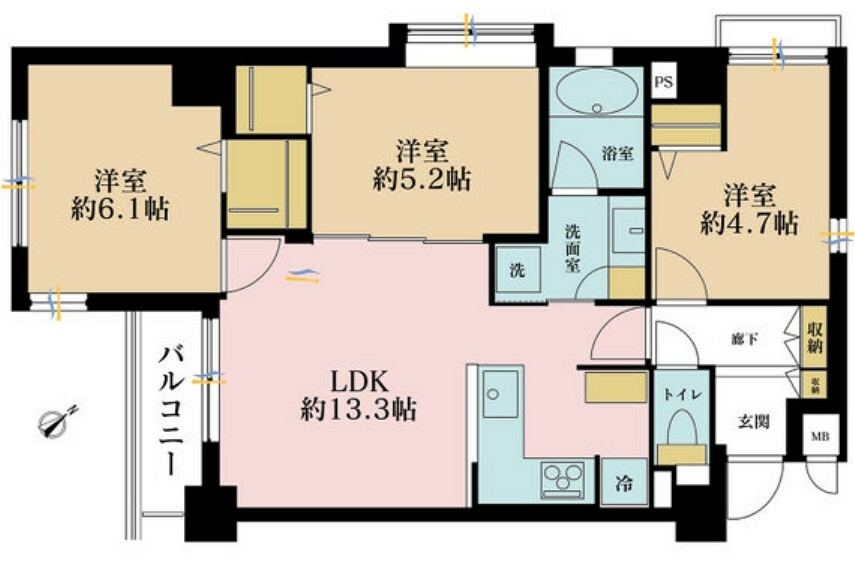 間取り図 3LDK、専有面積65.84m2、バルコニー面積3.24m2