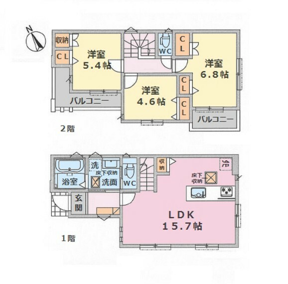 間取り図 ■建物面積:77.69平米の2階建て3LDK（全室南向き）新築戸建