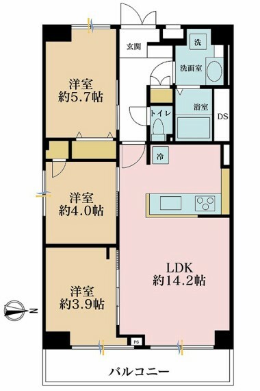 間取り図 3LDK、専有面積60m2、バルコニー面積7.2m2