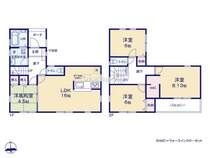【間取り】 広いLDK16帖はご家族の共有スペース。 2階3部屋はゆとりある間取りで ご家族それぞれのお部屋にも最適です。