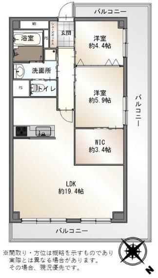 間取り図 2LDK、専有面積69.3m2、バルコニー面積25.29m2 3方向角部屋・3面引回バルコニー付！ 大型ウォークインクローゼット付。