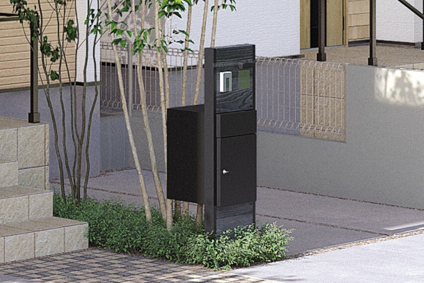 玄関 宅配ボックス付機能性門柱  宅配ボックスを備えたスタイリッシュな機能性門柱。不在時はもちろん、在宅時でも対面せずに荷物が受け取れます。